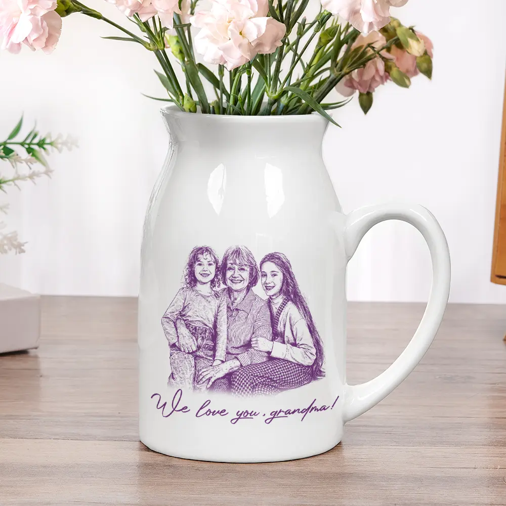 Custom Photo Pencil Sketch Family Besties Dog Cat Portrait - Personalized Ceramic Flower Vase - Image 6