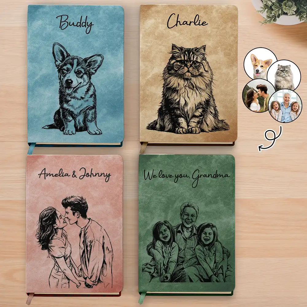 Custom Photo Pencil Sketch Family Besties Dog Cat Portrait - Personalized Leather Journal