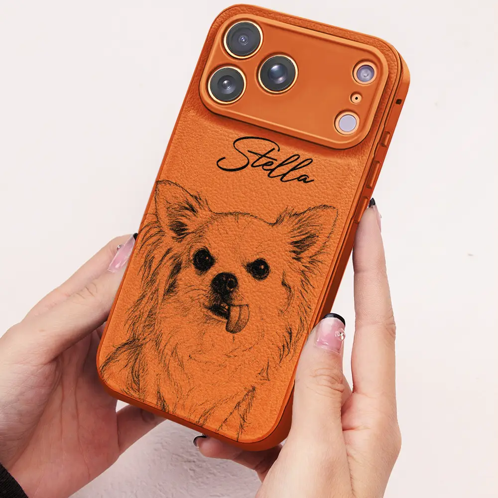Custom Photo Pencil Sketch Family Besties Dog Cat Portrait - Personalized Leather Phone Case - Image 3