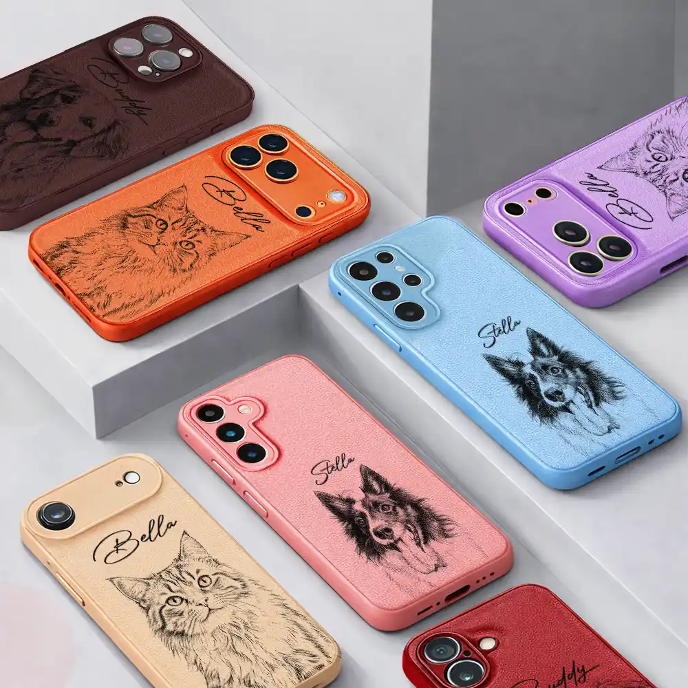Custom Photo Pencil Sketch Family Besties Dog Cat Portrait - Personalized Leather Phone Case - Image 4