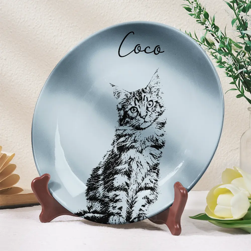 Custom Photo Pencil Sketch Family Dog Cat Portrait - Personalized Ceramic Plate - Image 3