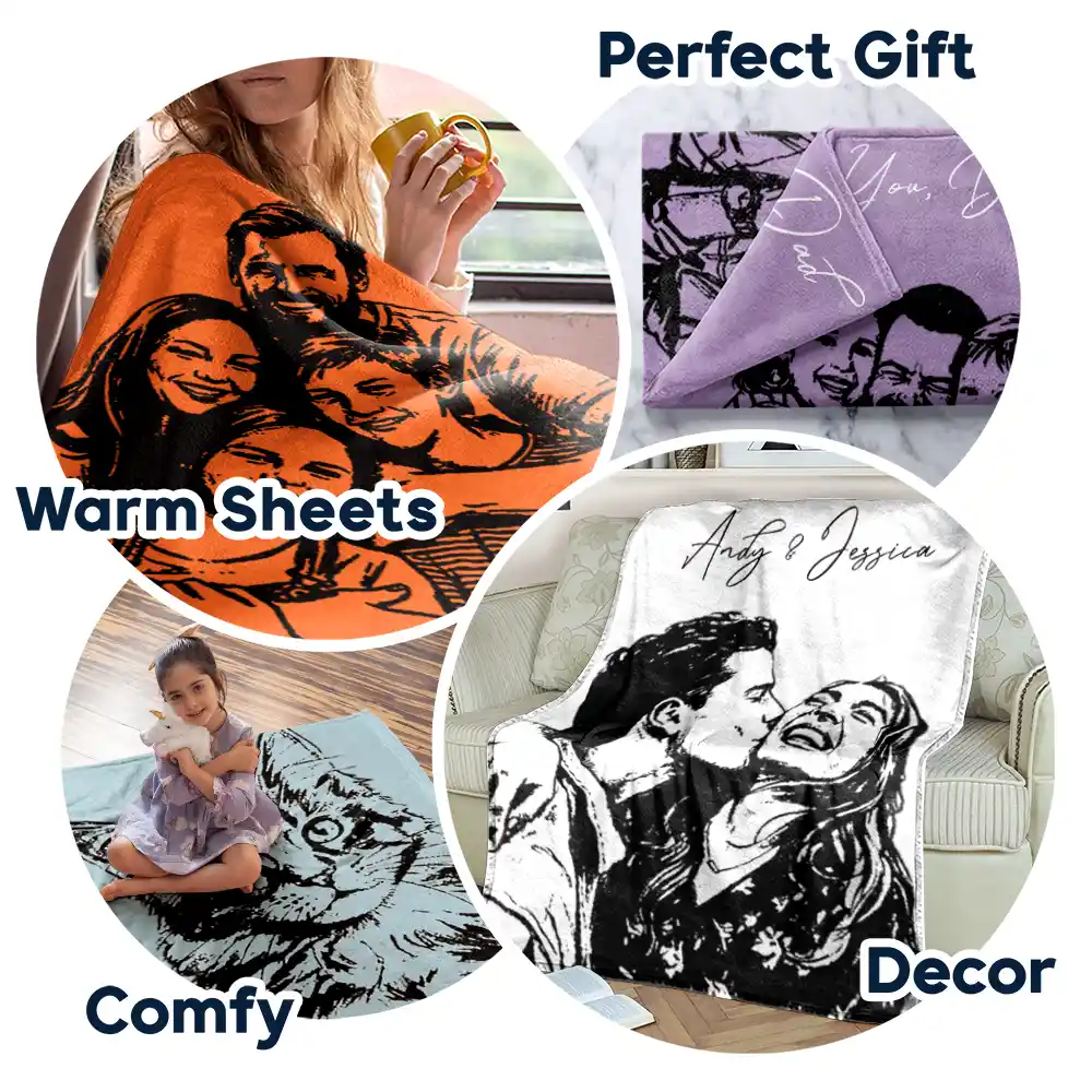 Custom Photo Pencil Sketch Family Dog Cat Portrait - Personalized Fleece Blanket, Sherpa Blanket - Image 8