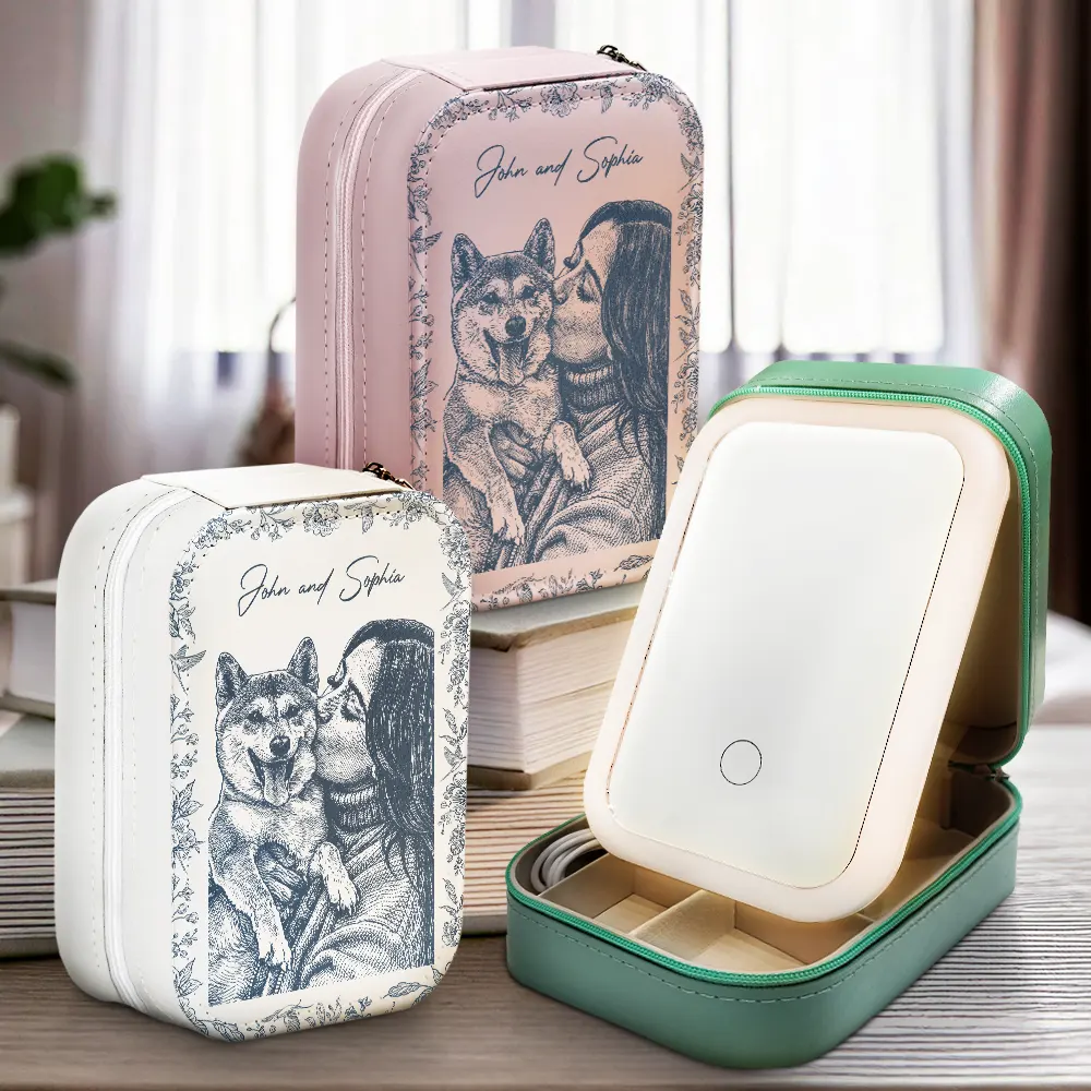 Custom Photo Pencil Sketch Family Dog Cat Portrait - Personalized Makeup Box With LED Mirror - Image 3
