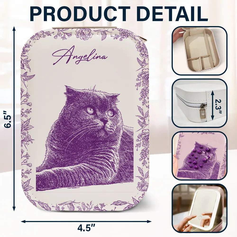 Custom Photo Pencil Sketch Family Dog Cat Portrait - Personalized Makeup Box With LED Mirror - Image 7
