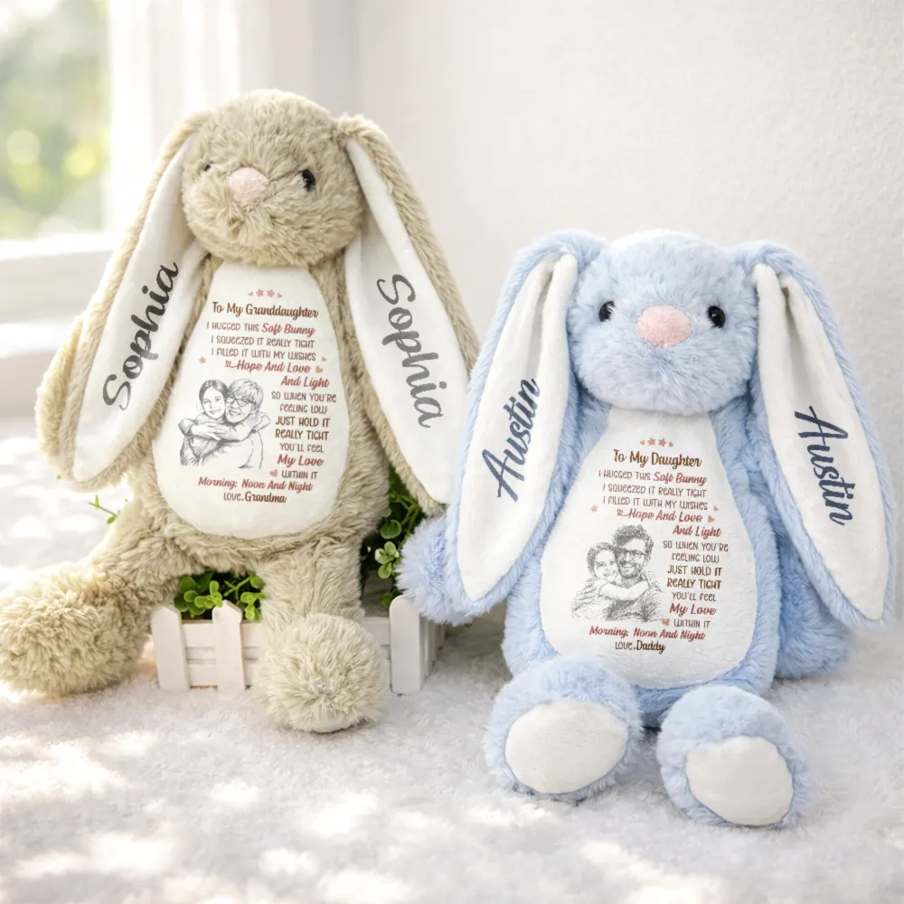 Custom Photo Pencil Sketch Grandmother Granddaughter I Filled It With My Wishes - Personalized Soft Toy Bunny - Image 4
