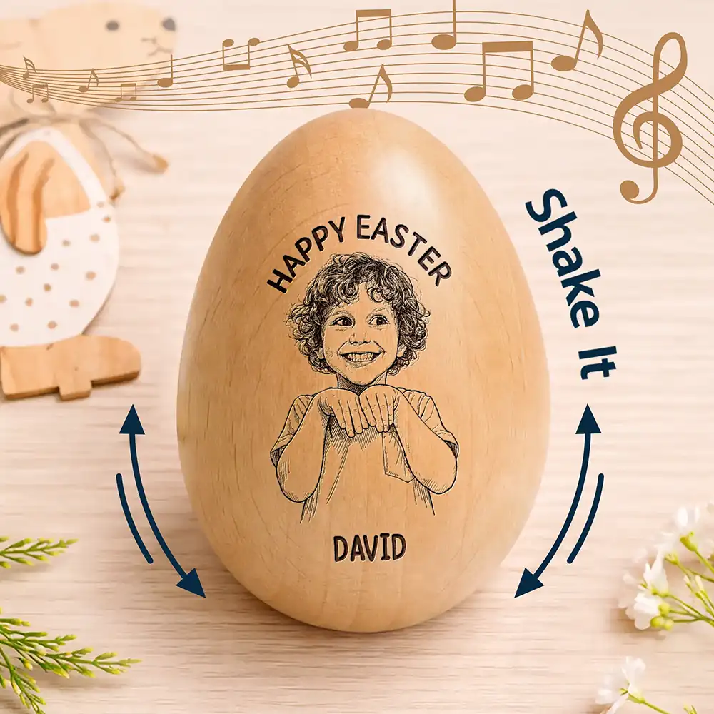 Custom Photo Pencil Sketch Happy Kids Easter - Personalized Musical Wooden Easter Egg Shaker - Image 3
