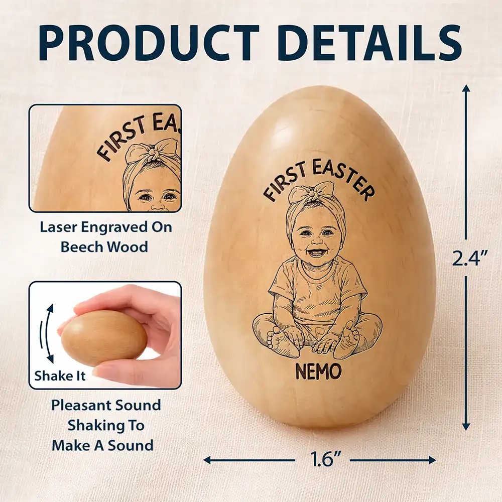 Custom Photo Pencil Sketch Happy Kids Easter - Personalized Musical Wooden Easter Egg Shaker - Image 6