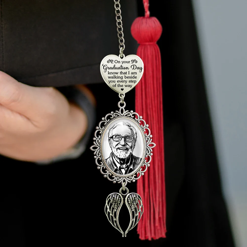 Custom Photo Pencil Sketch I Am Walking Beside You Memorial - Personalized Graduation Tassel Charm - Image 3