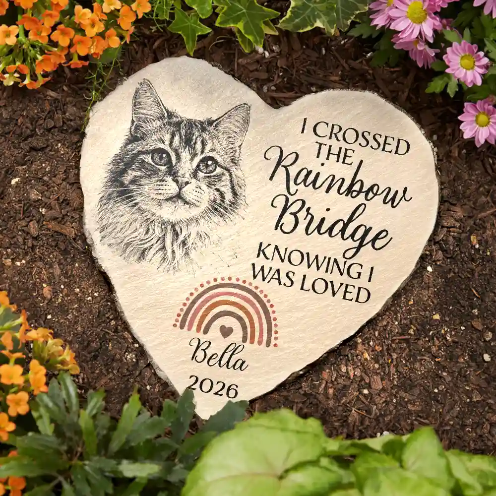 Custom Photo Pencil Sketch I Crossed The Rainbow Bridge Knowing I Was Loved - Personalized Heart Memorial Garden Stone - Image 4