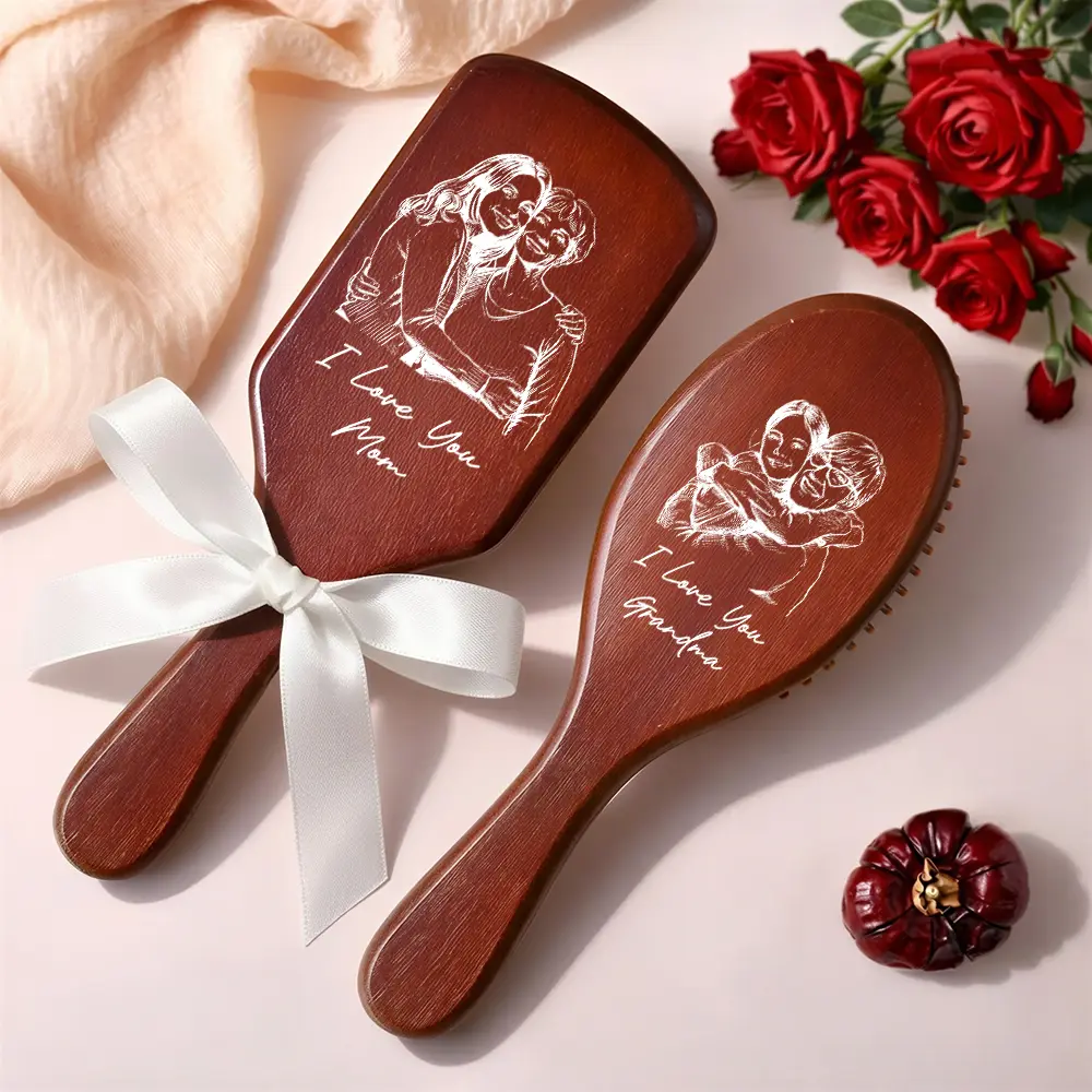 Custom Photo Pencil Sketch I Love You Mom Grandma - Personalized Wooden Hair Brush - Image 2