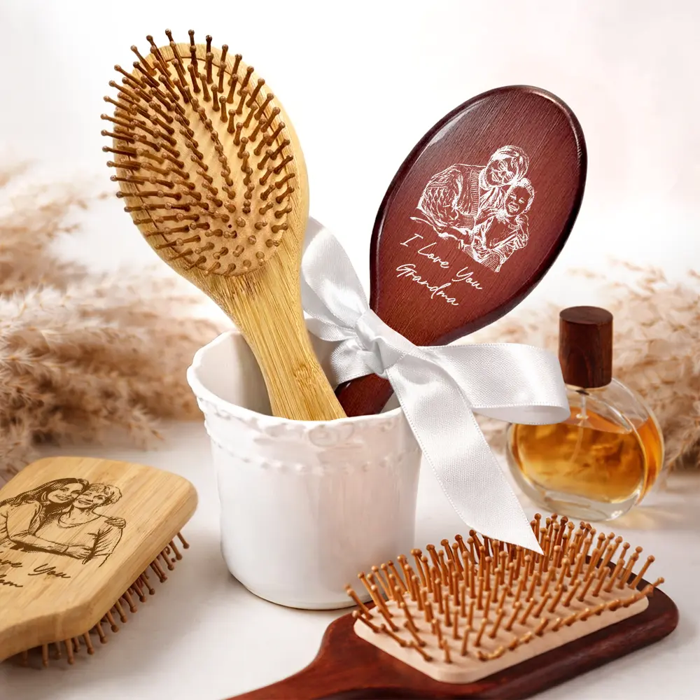 Custom Photo Pencil Sketch I Love You Mom Grandma - Personalized Wooden Hair Brush - Image 5
