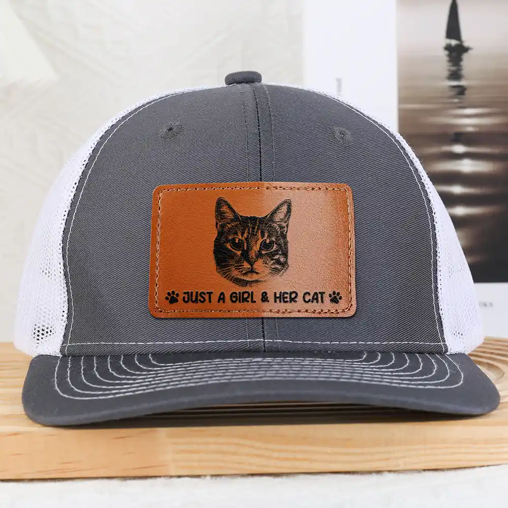 Custom Photo Pencil Sketch Just A Man & His Dog - Personalized Leather Patch Hat - Image 3