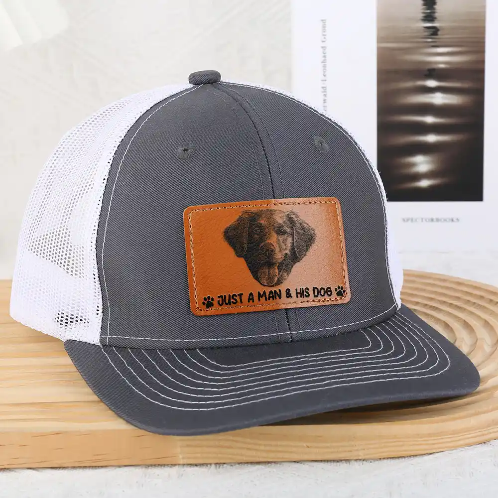 Custom Photo Pencil Sketch Just A Man & His Dog - Personalized Leather Patch Hat - Image 4