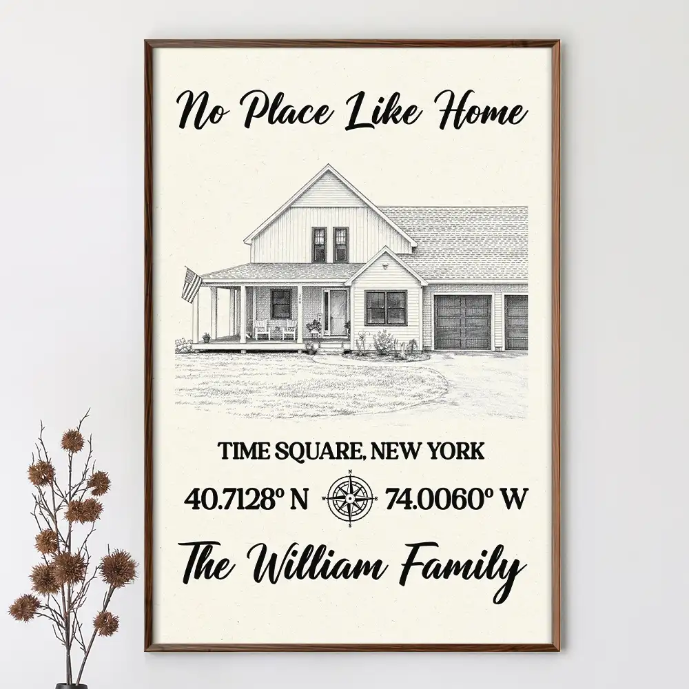 Custom Photo Pencil Sketch Location Coordinates No Place Like Home - Personalized Poster - Image 4