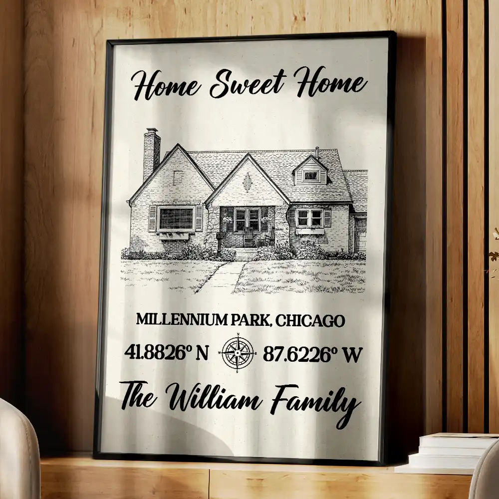 Custom Photo Pencil Sketch Location Coordinates No Place Like Home - Personalized Poster - Image 5