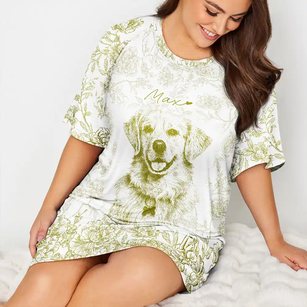 Custom Photo Pencil Sketch Mom Grandma Pet Portrait - Personalized Women's Sleep Tee - Image 5