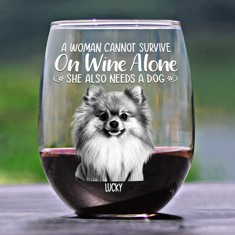 Custom Photo Pencil Sketch Pet Portrait A Woman & Her Dog - Personalized Stemless Wine Glass - Image 3