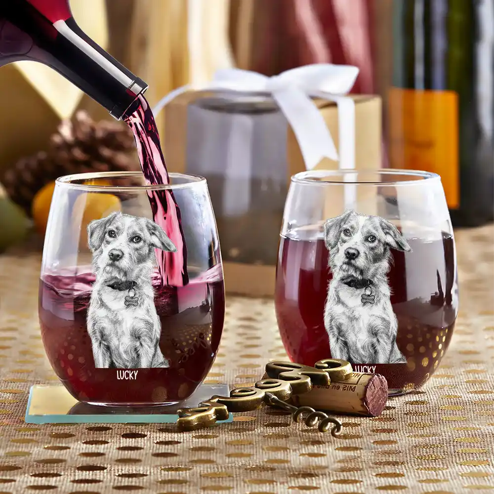 Custom Photo Pencil Sketch Pet Portrait A Woman & Her Dog - Personalized Stemless Wine Glass - Image 4