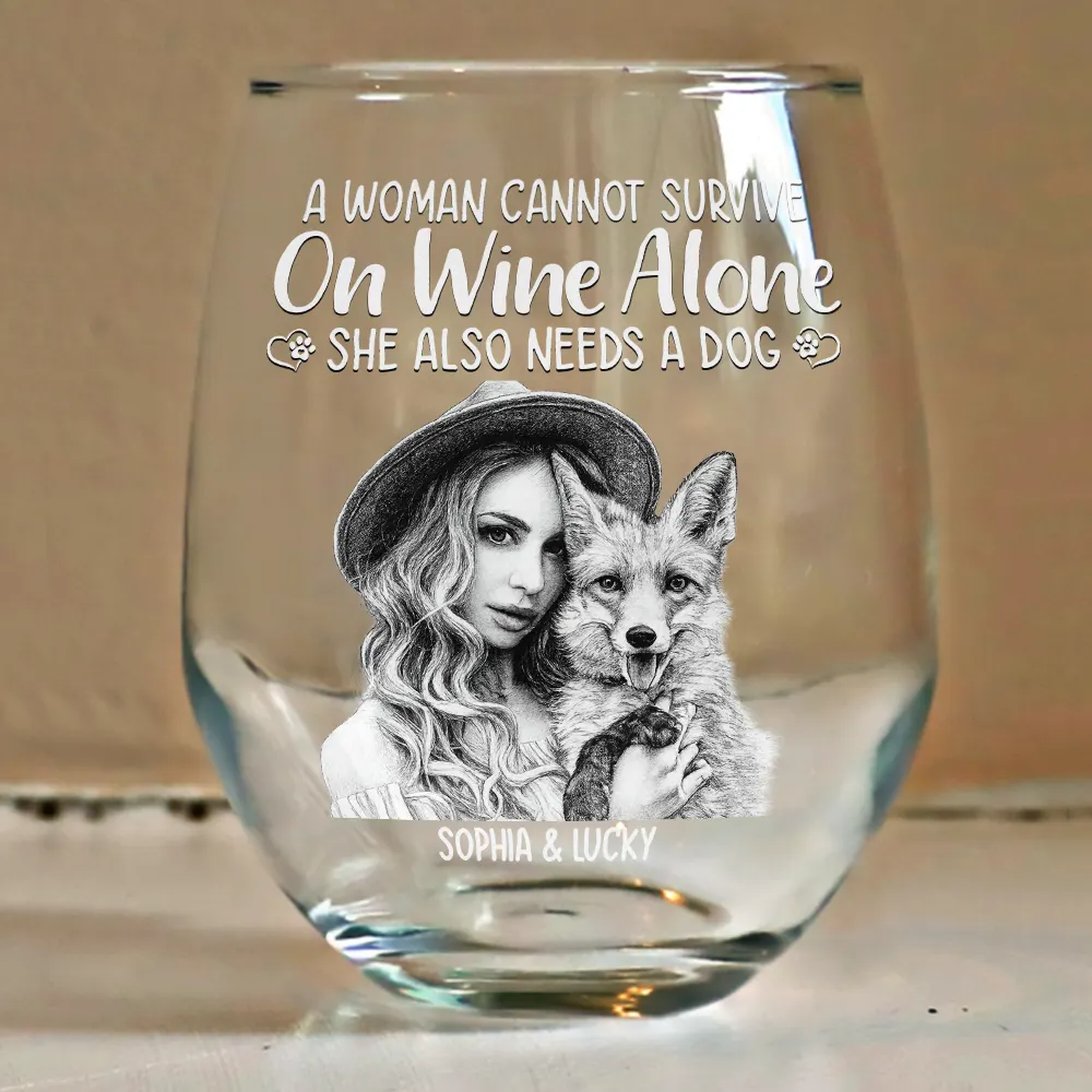 Custom Photo Pencil Sketch Pet Portrait A Woman & Her Dog - Personalized Stemless Wine Glass - Image 5