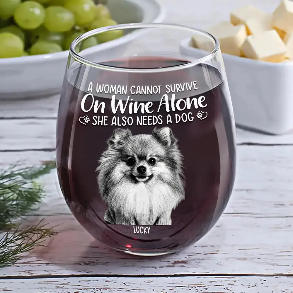 Custom Photo Pencil Sketch Pet Portrait A Woman & Her Dog - Personalized Stemless Wine Glass - Image 7