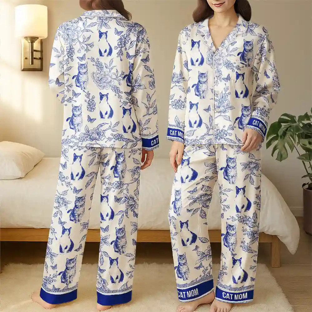 Custom Photo Pencil Sketch Portrait Dog Mom Pet Mom Toile Pattern - Personalized Satin Pajama Set - Image 4