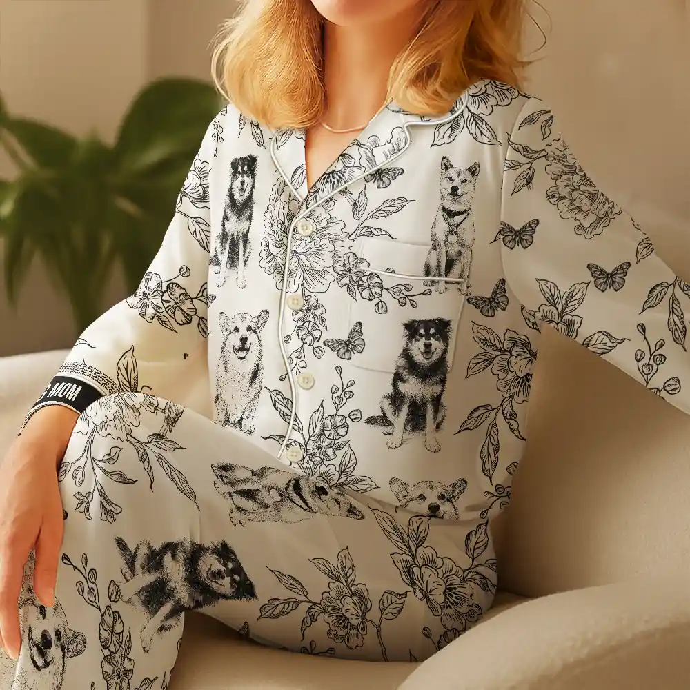Custom Photo Pencil Sketch Portrait Dog Mom Pet Mom Toile Pattern - Personalized Satin Pajama Set - Image 5