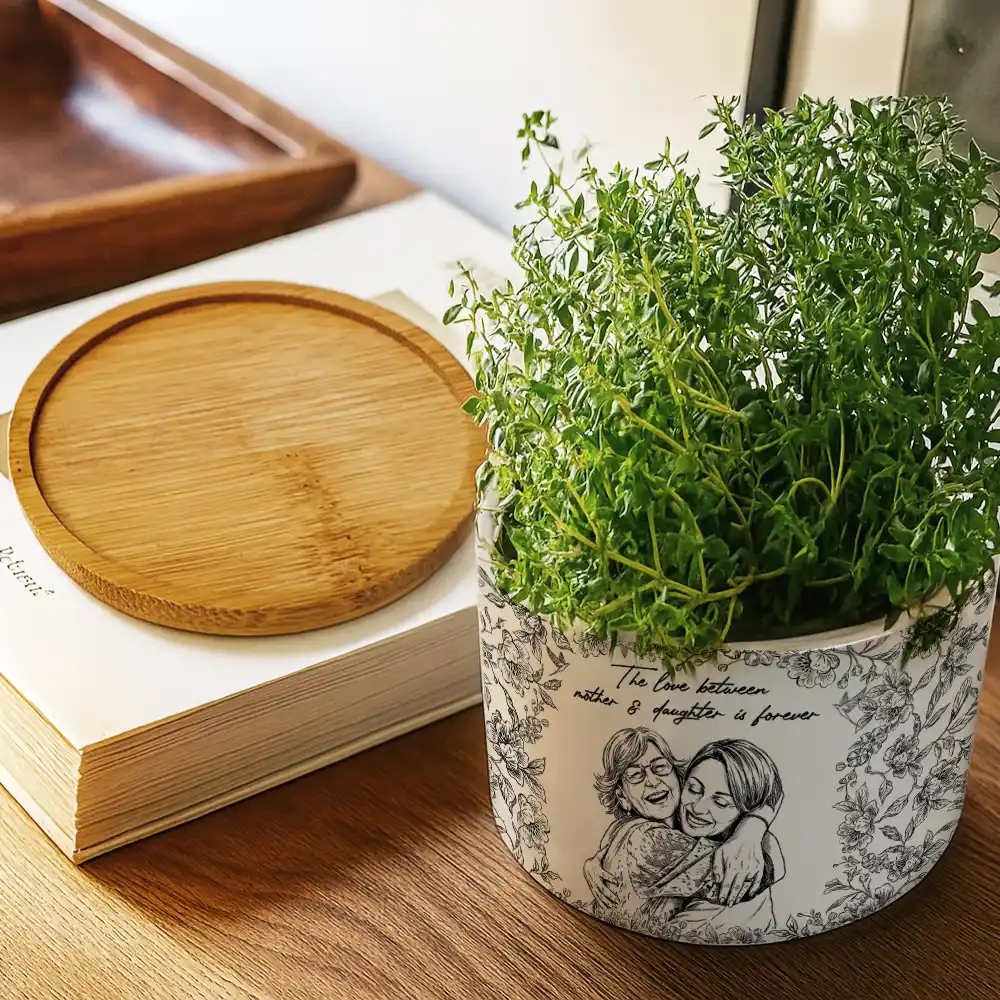 Custom Photo Pencil Sketch The Love Between Mother & Daughter Is Forever - Personalized Ceramic Plant Pot - Image 4