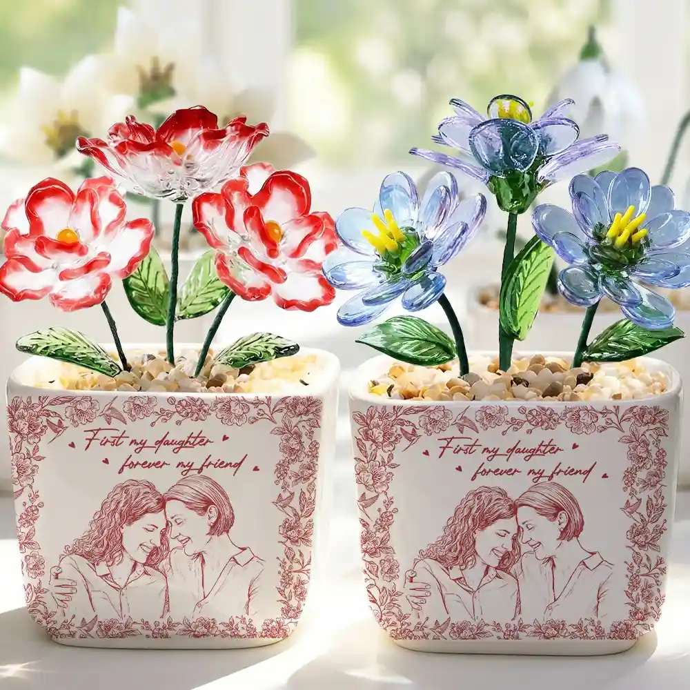 Custom Photo Pencil Sketch The Love Between Mother & Daughter Is Forever - Personalized Glass Flower Plant Pot - Image 4