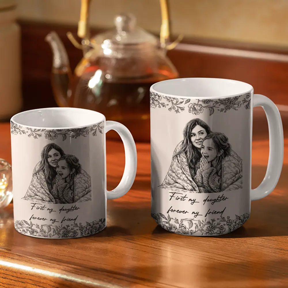 Custom Photo Pencil Sketch The Love Between Mother & Daughter - Personalized White Edge-to-Edge Mug - Image 4