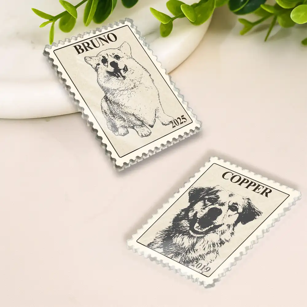 Custom Photo Pencil Sketch Vintage Stamp Portrait Family - Personalized Acrylic Fridge Magnet - Image 4