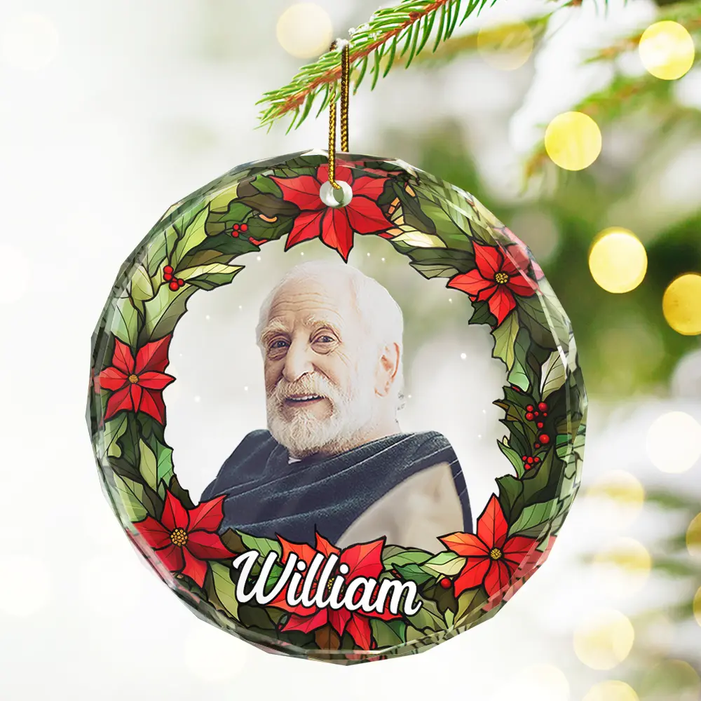 Custom Photo Pet Face Christmas Wreath Dog Cat Pet Memorial - Personalized Circle Glass Ornament - Image 3