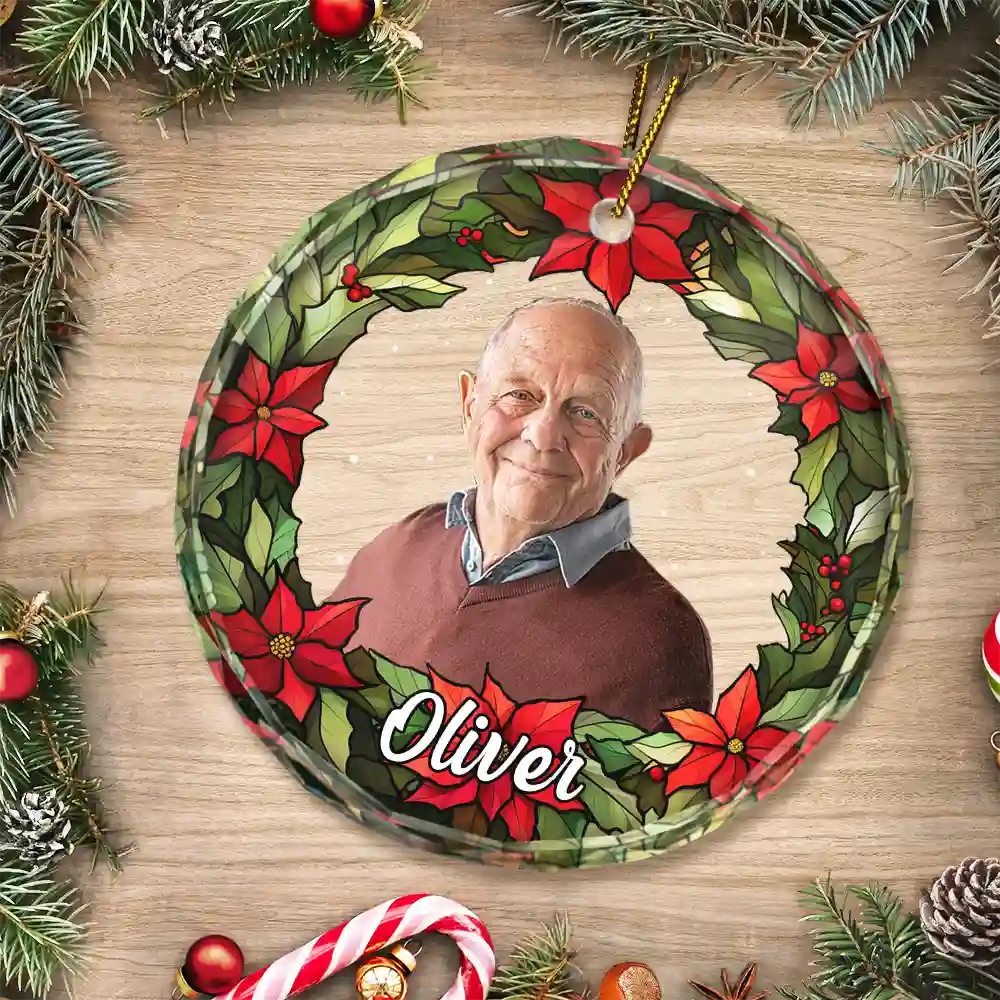 Custom Photo Pet Face Christmas Wreath Dog Cat Pet Memorial - Personalized Circle Glass Ornament - Image 4
