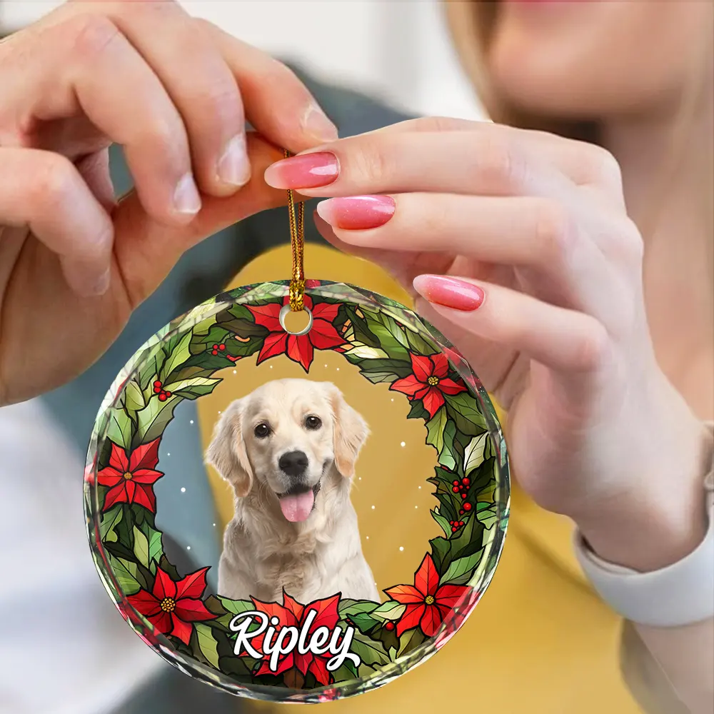 Custom Photo Pet Face Christmas Wreath Dog Cat Pet Memorial - Personalized Circle Glass Ornament - Image 5