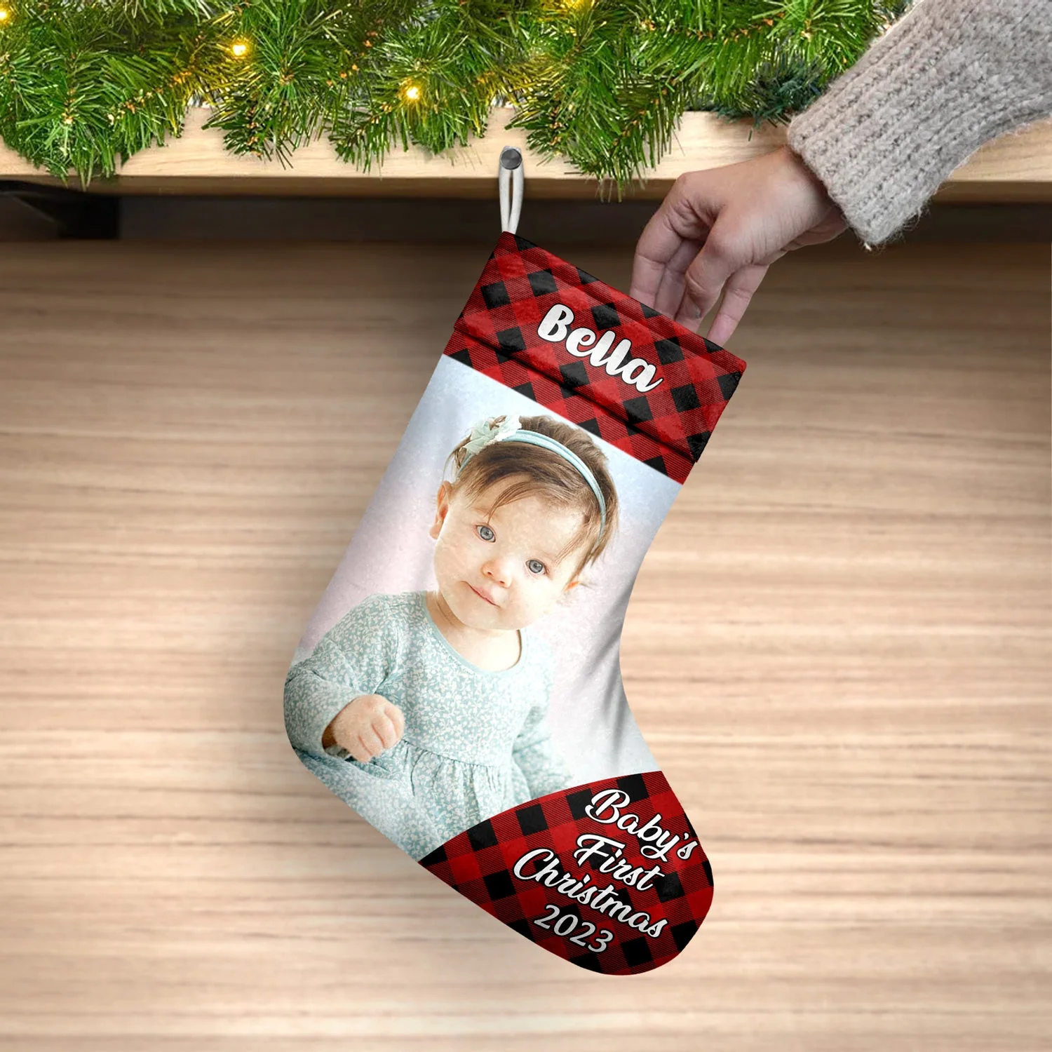 Custom Photo Plaid New Baby My First Christmas - Christmas Gift - Personalized Christmas Stocking - Image 3