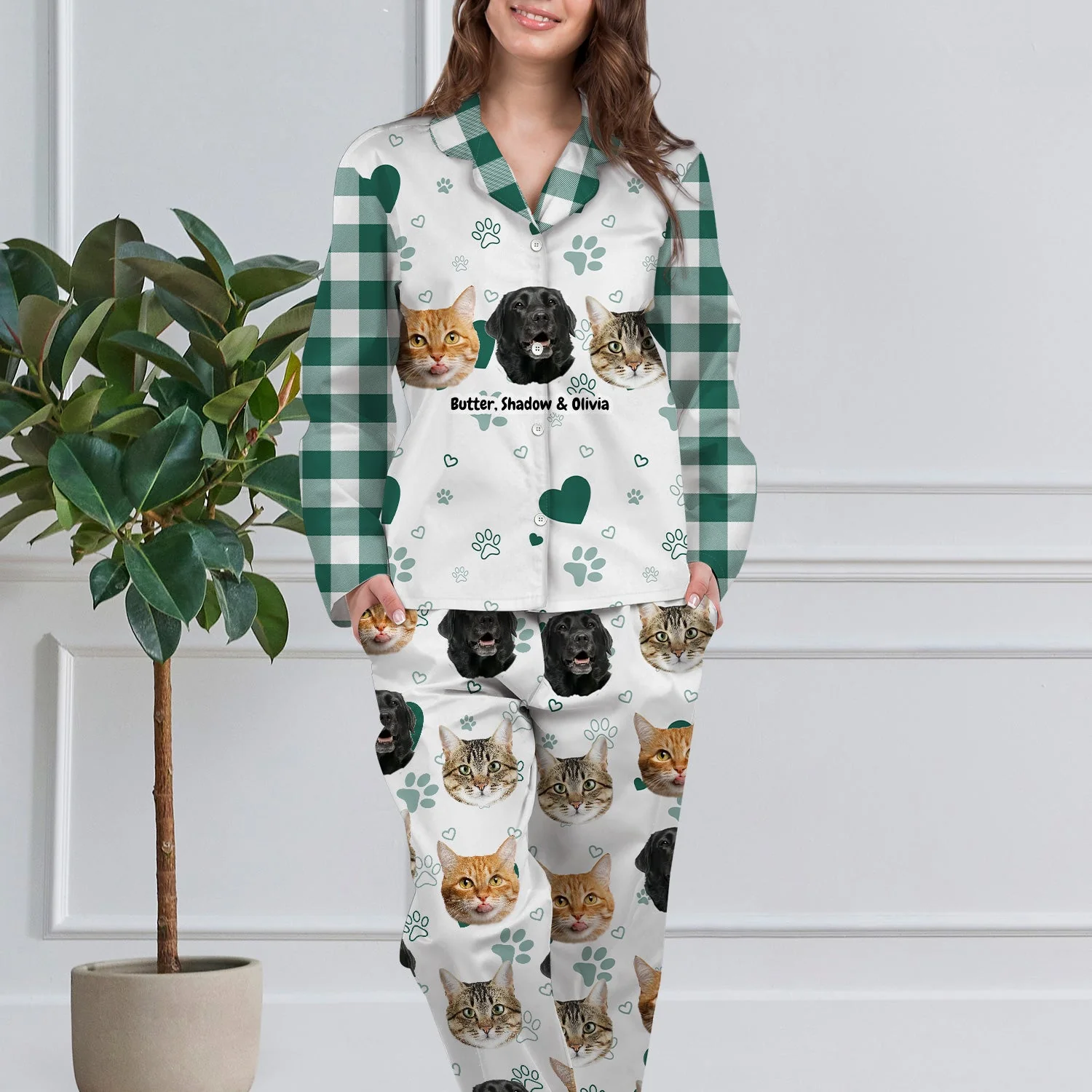 Custom Photo Plaid Pet Face - Gift For Pet Lovers - Personalized Long Pajamas Set - Image 4