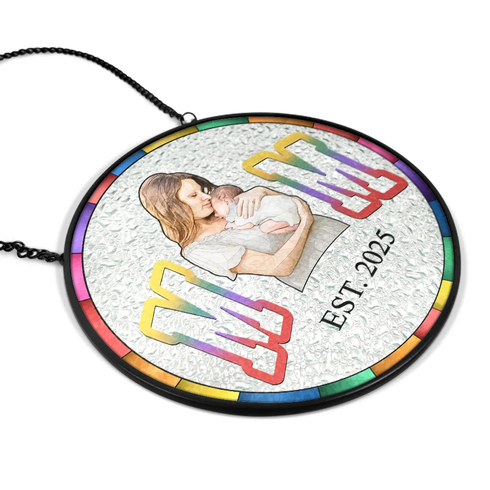 Custom Photo Portrait Dad Mom EST, Gift For New Parents - Personalized Stained Glass Window Hanging Suncatcher - Image 3