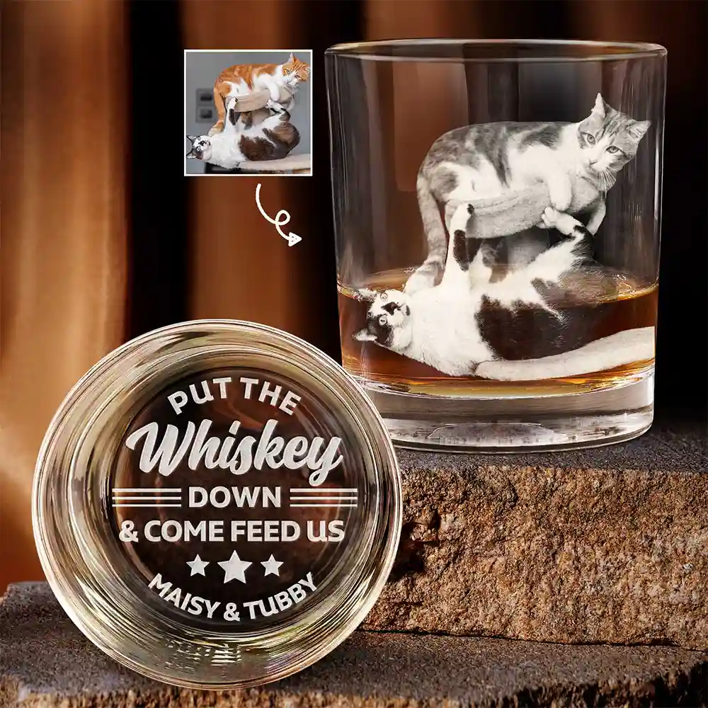 Custom Photo Put The Drink Down And Come Feed Us Funny Pet Dad - Personalized Engraved Whiskey Glass