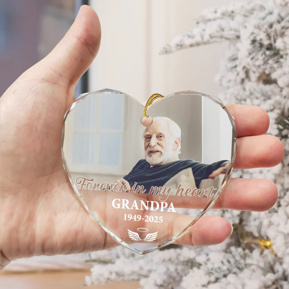 Custom Photo Forever In Our Hearts - Personalized Heart Shaped Glass Ornament - Image 3