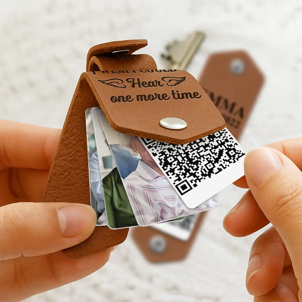 Custom Photo QR Code Memorial The Voice I Wish I Could Hear - Personalized Leather Photo Keychain - Image 4