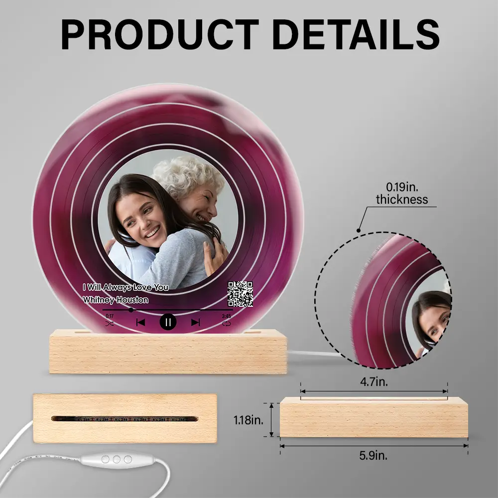 Custom Photo QR Code Mother Grandma Decorative Vinyl Record - Personalized 3D Led Light Wooden Base - Image 6