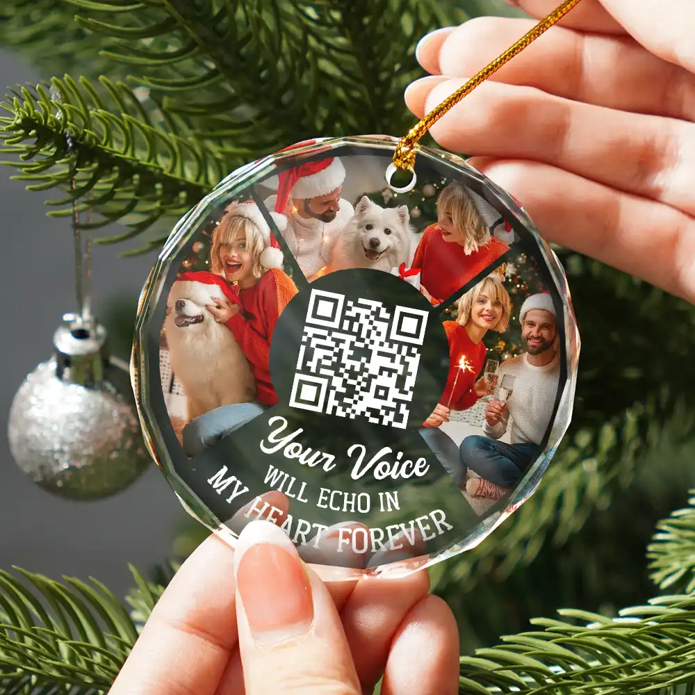 Custom Photo QR Code Your Voice - Personalized Circle Glass Ornament - Image 3