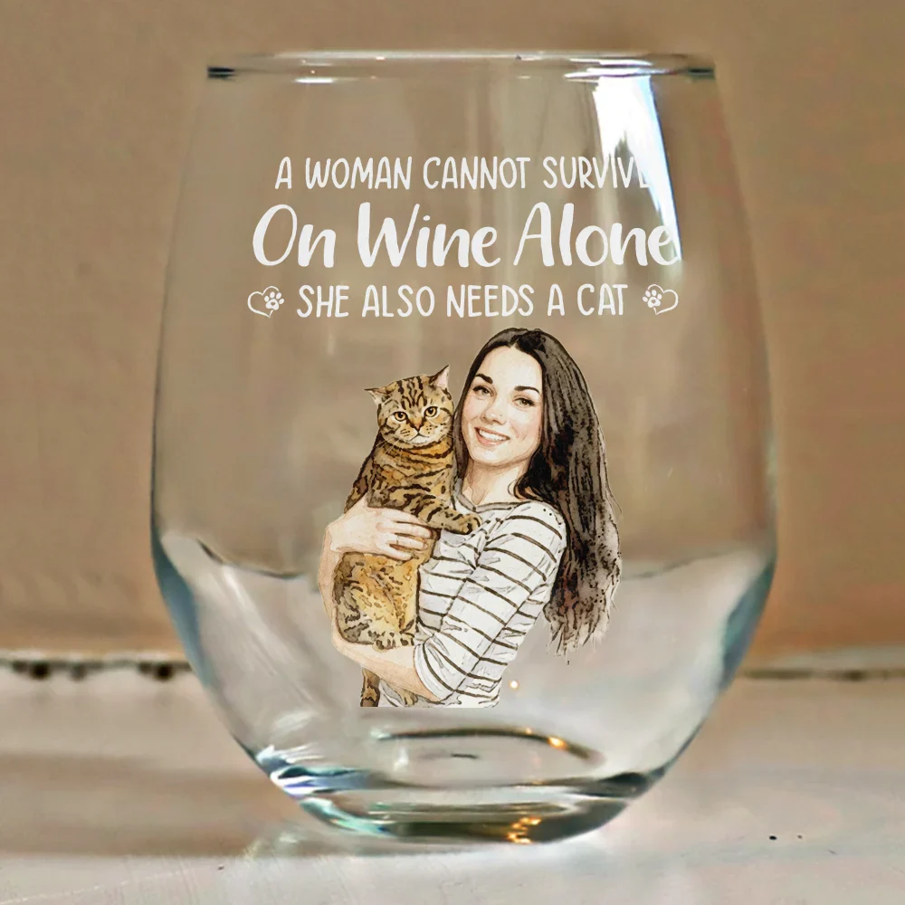 Custom Photo Realistic Watercolor Art A Woman Cannot Survive On Wine Alone Dog Cat - Personalized Stemless Wine Glass - Image 5
