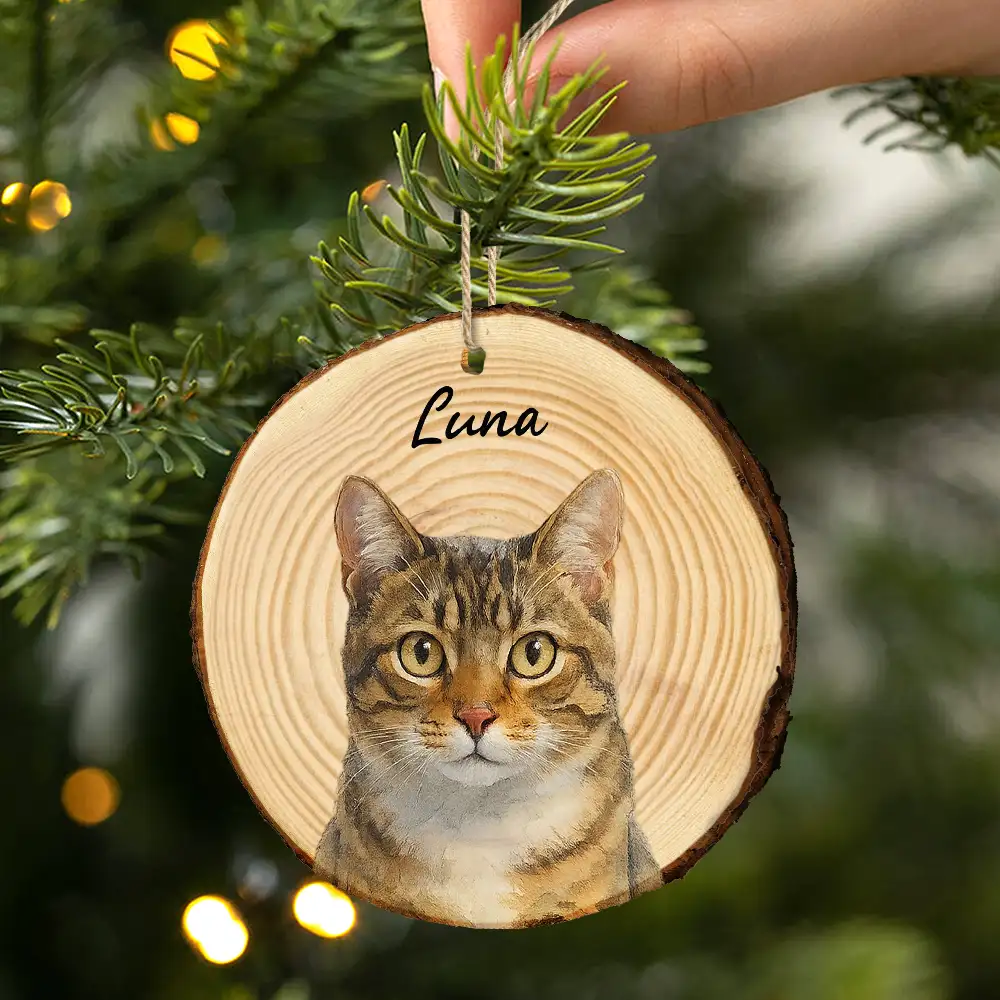 Custom Photo Realistic Watercolor Art Dog Cat Pet - Personalized Wood Slice Ornament - Image 3