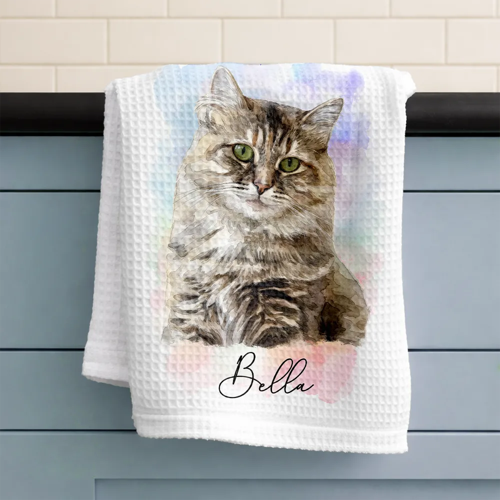 Custom Photo Realistic Watercolor Art Portrait Cat Dog Pet - Personalized Kitchen Towel - Image 4