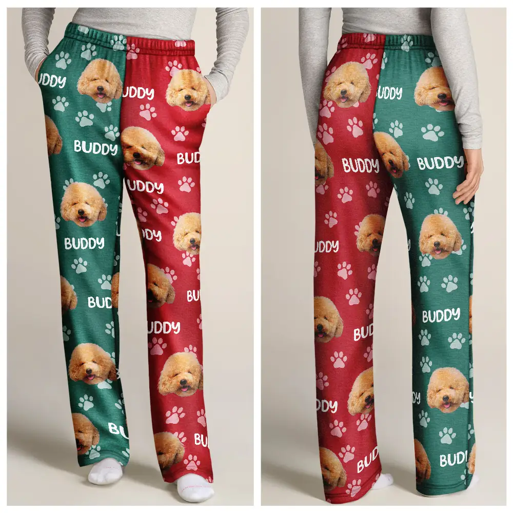 Custom Photo Red Green Pet Face - Personalized Pajama Pants - Image 4
