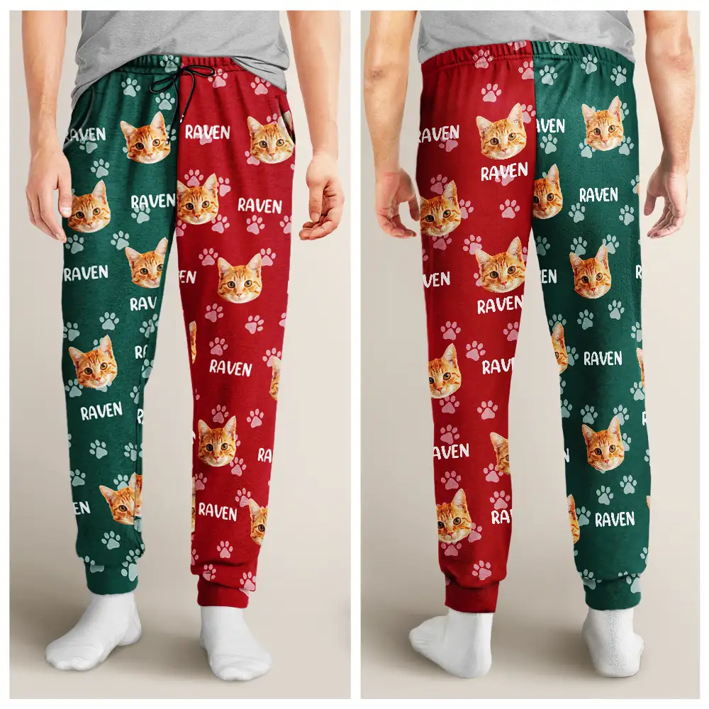 Custom Photo Red Green Pet Face - Personalized Pajama Pants - Image 5