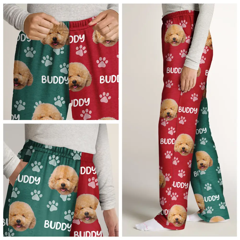 Custom Photo Red Green Pet Face - Personalized Pajama Pants - Image 8