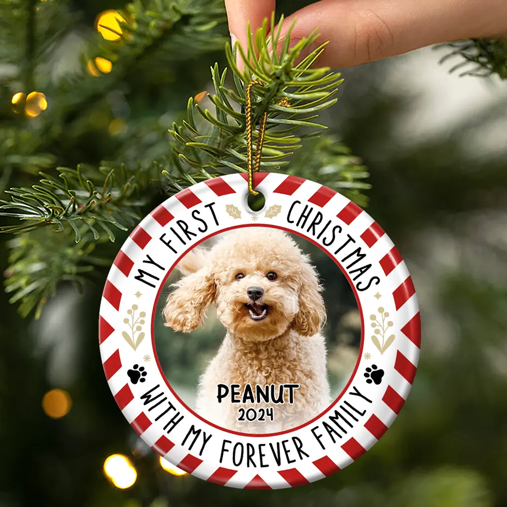 Custom Photo Red Light First Christmas - Personalized Circle Ceramic Ornament - Image 3