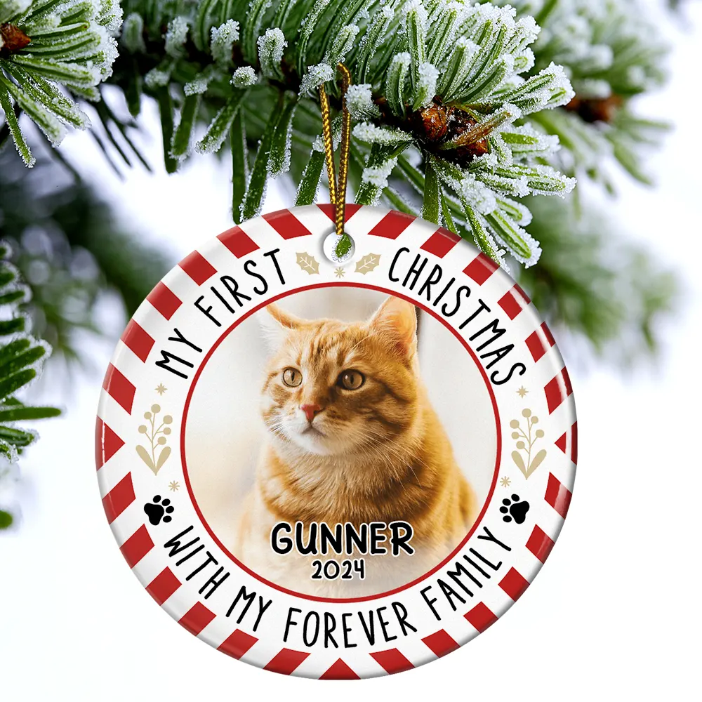 Custom Photo Red Light First Christmas - Personalized Circle Ceramic Ornament - Image 4