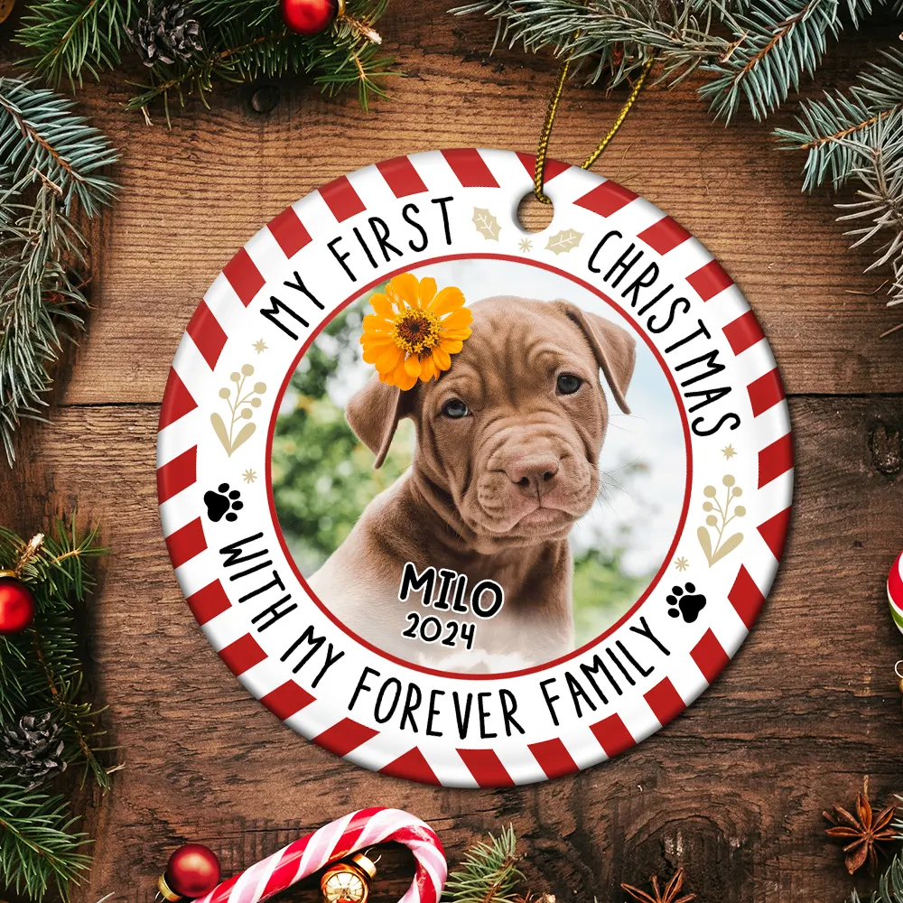 Custom Photo Red Light First Christmas - Personalized Circle Ceramic Ornament - Image 5